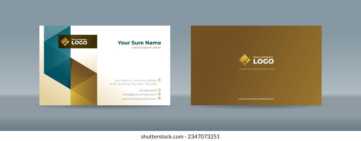 Set of double sided business card templates with green and gold color triangles arranged on white and gold background