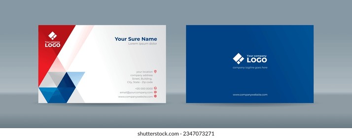 Set of double sided business card templates with blue and red triangles arranged on white and dark blue background