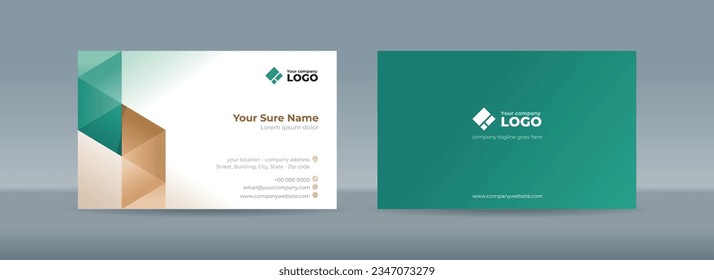 Set of double sided business card templates with green and brown triangles arranged on white and green background