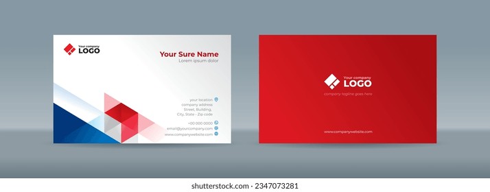 Set of double sided business card templates with blue and red triangles arranged on white and red background