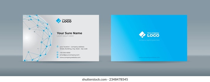 Set of double sided business card templates with random blue and grey dots connected by lines form a polygonal globe on a white background