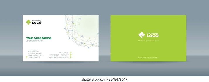 Set of double sided business card templates with random green and grey dots connected by lines form a polygonal globe on a white background