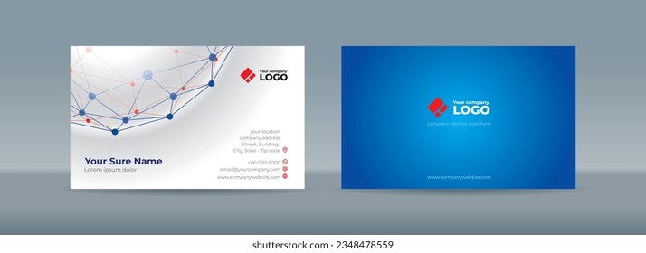Set of double sided business card templates with random red and blue dots connected by lines form a polygonal globe on a white background