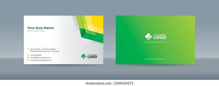 Set of double sided business card templates with glass prisms in green, and yellow colors on a white background