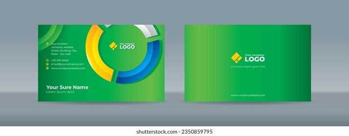 Set of double sided business card templates with Glass curves in yellow, blue and white colors form a circle on a green background