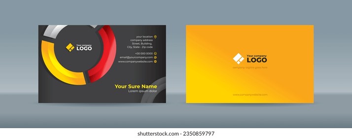 Conjunto de plantillas de tarjetas de visita de doble cara con curvas de vidrio en colores amarillo, blanco y rojo forman un círculo sobre un fondo negro