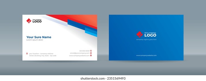 Set of double sided business card templates with modern abstract random transparent blue bar on white background