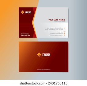 Set of double sided business card templates with orange abstract geometric shape on orange and dark red color background