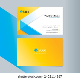 Set of double sided business card templates with modern green and yellow folding ribbon on a white and yellow color background