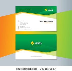 Set of double sided business card templates design with green and orange abstract shape on white blue gradation background