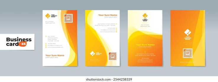 Set of double sided business card templates with abstract transparent wave curves on orange and white background