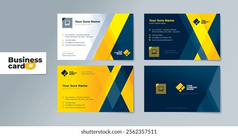 Set of double sided business card templates with abstract yellow and blue random transparent rectangle on blue background