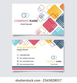 Set of double sided business card templates with colorful squaares arranged on white background