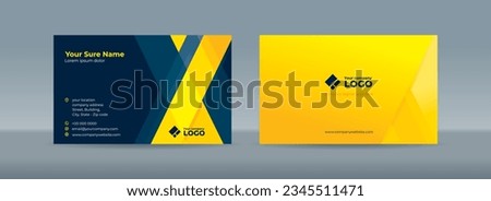 Set of double sided business card templates with intersecting abstract transparent rectangles in yellow and dark blue colors