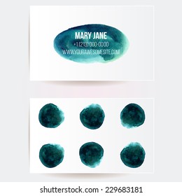 Set of double sided creative business card template with artistic vector design. Abstract blue watercolor stains.