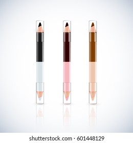 Set Of Double Sided Eye Pencil Package Design Premium Cosmetic Ads Mock Up Template. 3D Realistic Vector Illustration.