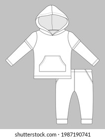 set with double sleeve hoodie with kangaroo pocket and runner pants. Flat sketch template isolated on grey background