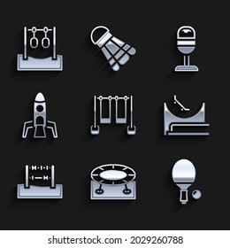 Set Double swing, Jumping trampoline, Racket and ball, Skate park, Abacus, Rocket ship, Trash can and Gymnastic rings icon. Vector