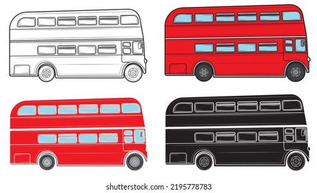 Conjunto de autobuses de dos pisos en Londres aislado sobre un fondo blanco. Ilustración vectorial.
