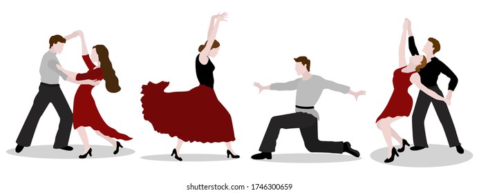 Set of doubles spanish, latin american and ballroom dancers isolated on white background. Dancing couple of people. Dancing men and women