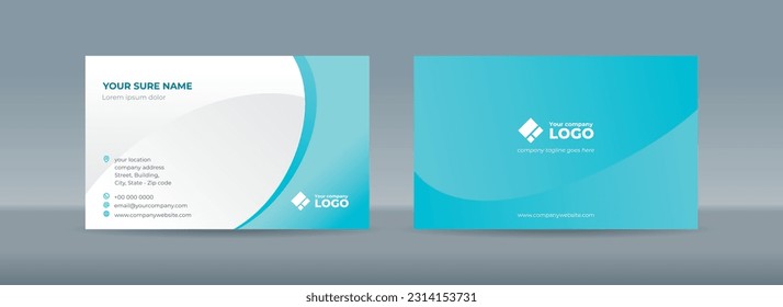 Set of double-sided business card template with abstract cyan curves on a white background