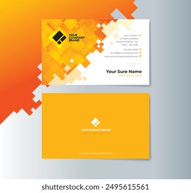 A set of double-sided business card template designs with random transparent orange squares in the top corners of a white background