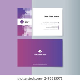 A set of double-sided business card template designs with random transparent purple squares on white background
