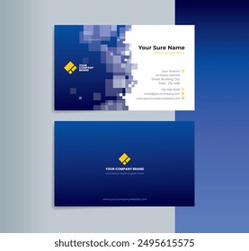 A set of double-sided business card template designs with random transparent white squares on dark blue background
