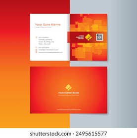 Satz von doppelseitigen Visitenkartenvorlagen-Designs mit zufälligen transparenten gelben Quadraten auf einem halb orangefarbenen-roten und halb weißen Hintergrund