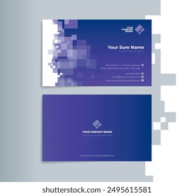 A set of double-sided business card template designs with random transparent white squares on blue purple background