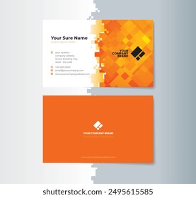 Set von doppelseitigen Visitenkartenvorlagen-Designs mit zufälligen transparenten gelben Quadraten auf einem halb orangefarbenen und halb weißen Hintergrund