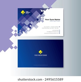 A set of double-sided business card template designs with random transparent blue squares in the top corners of a white background