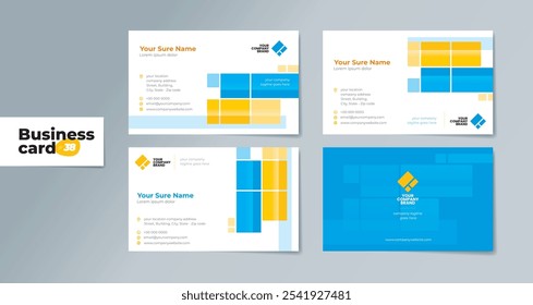 Set of double-sided business card template with Abstract random cyan and yellow rectangle on white background