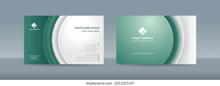 Set of double-sided business card templates with an illustration of a big green circle in the side on a green and white background