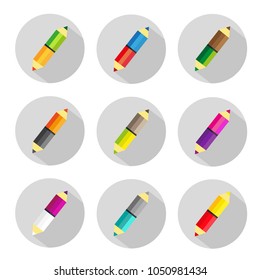 Set of double-sided color pencils flat vector icon, flat design.