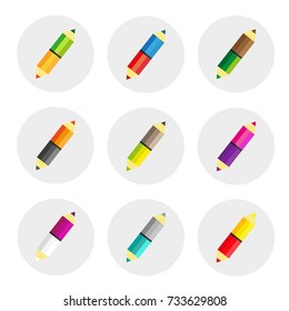 Set of double-sided color pencils flat vector icon, flat design.