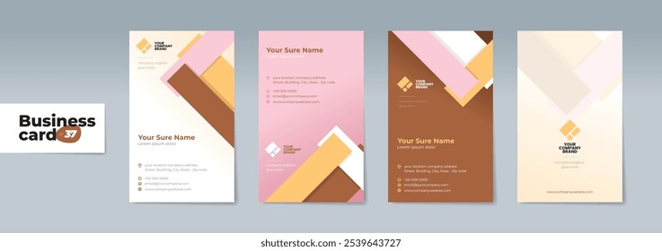 Set of double-sided vertical business card template with random brown and pink rectangle bars on a white background