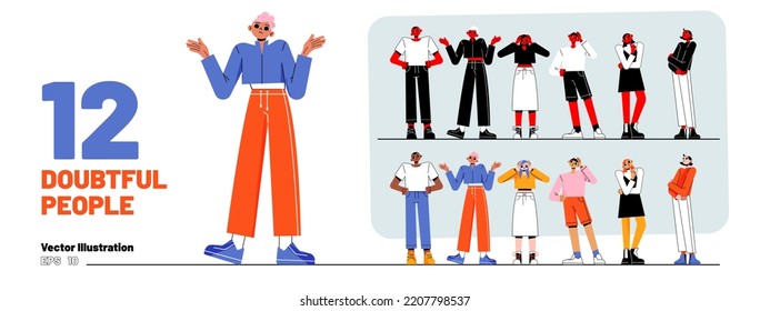 Set of doubtful people, puzzled pensive men and women in doubt thinking, shrug, scratching head. Confused thoughtful persons touching chin, pondering, confusion, Line art flat vector illustration