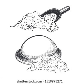 Set of dough with flour and flour or sugar scoop on white background. Hand draw vector illustration in engraving style