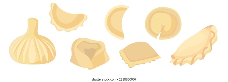 Set of dough products in cartoon style. Vector illustration of different homely dumplings, khinkali on white background.