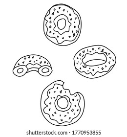 Set of doughnut Sketches from different angles. Vector illustration in the Doodle style. Lnear drawing of delicious doughnuts isolated on a white background. Collection of their fast food food.