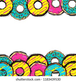 Set doughnut sweet food, donut cartoon pop art style. Vector colored illustration pattern. Vintage retro design. Collection comic book bakery glazed crumpet poster.