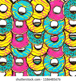 Set doughnut sweet food, donut cartoon pop art style. Vector colored illustration pattern. Vintage retro design. Collection comic book bakery glazed crumpet poster.