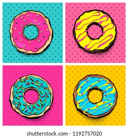 Set doughnut sweet food, donut cartoon pop art style. Vector colored illustration halftone pattern. Vintage retro design. Collection comic book bakery glazed crumpet poster.