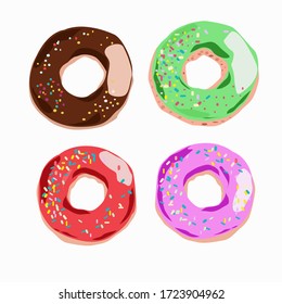 Set of doughnuts with colored icing on a white background