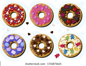 A set of doughnuts with icing and different toppings. Cakes with fruit, berries, powders, marshmallows, marmalade, chocolate and nuts. Confectionery for children, as a gift, for banners or ads.