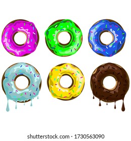 Un conjunto de donuts con rociadores y hielo aislados en un fondo blanco. Ilustración vectorial plana