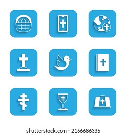 Set Dove, Christian chalice, Pope hat, Holy bible book, cross, Grave with, globe and Basket easter eggs icon. Vector