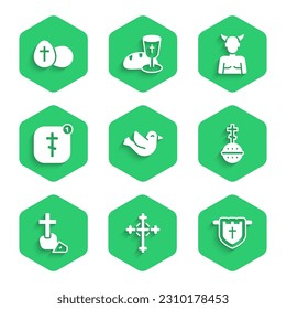 Set Dove, Christian cross, Flag with christian, Online church pastor preaching, Krampus, heck and Easter egg icon. Vector
