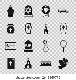 Set Dove, Christian cross on chain, Coffin with, Memorial wreath, Funeral urn,  and Church building icon. Vector